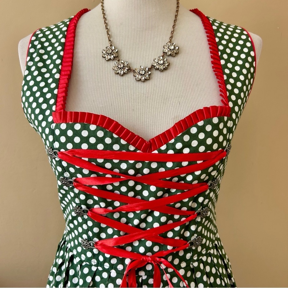 Green Polka Dot Dirndl Dress Bavarian Corset Lace-Up Size 36 - Picture 7 of 10